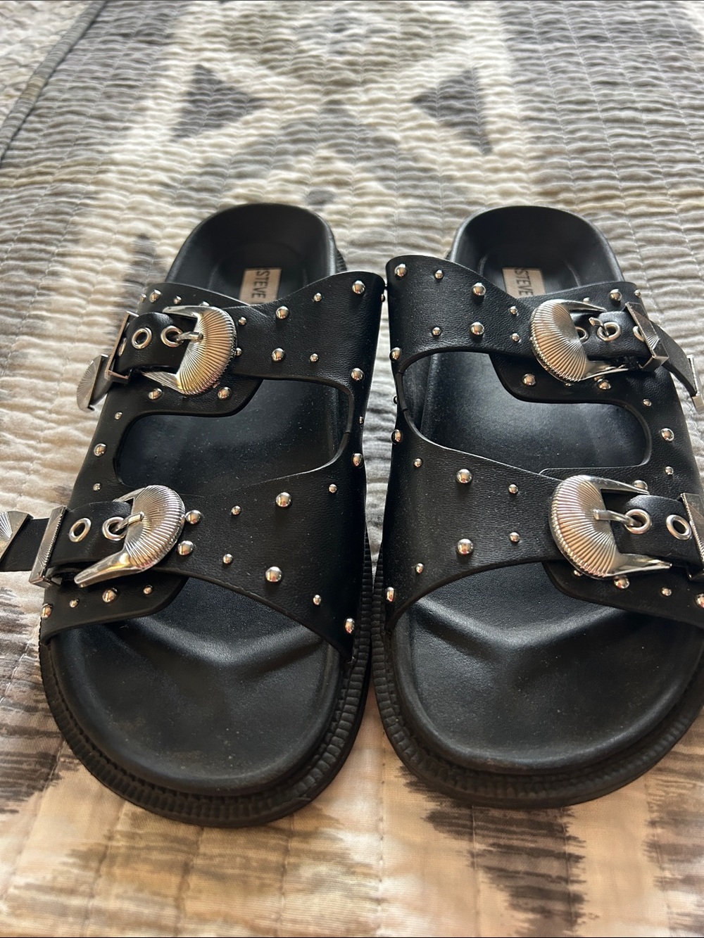 Steve Madden Studded Black Double-Buckle Slide Sandals